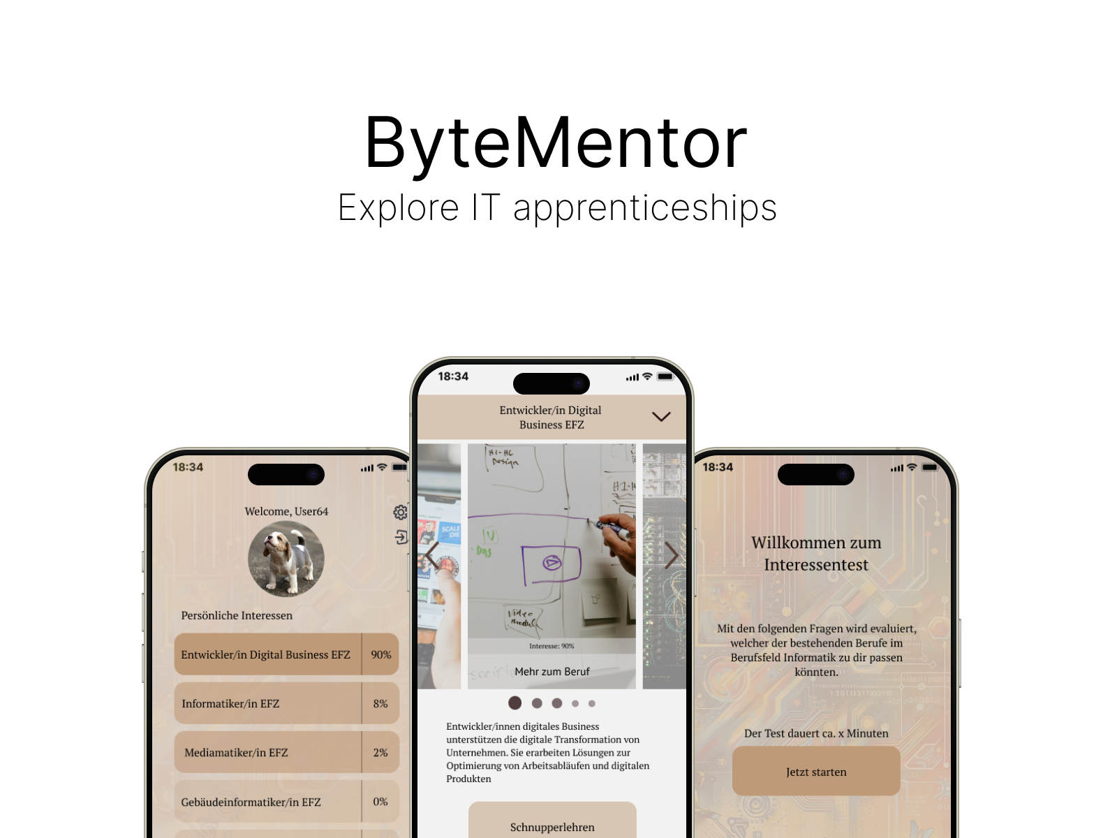 A preview of ByteMentor showing the three main screens